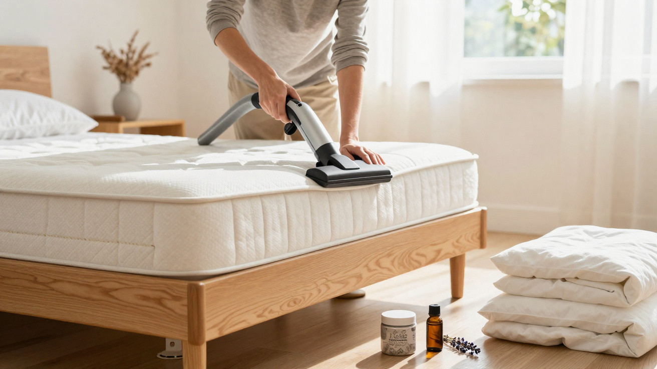 Pessoa a aspirar colchão branco numa cama de estrutura de madeira num quarto luminoso e arrumado.