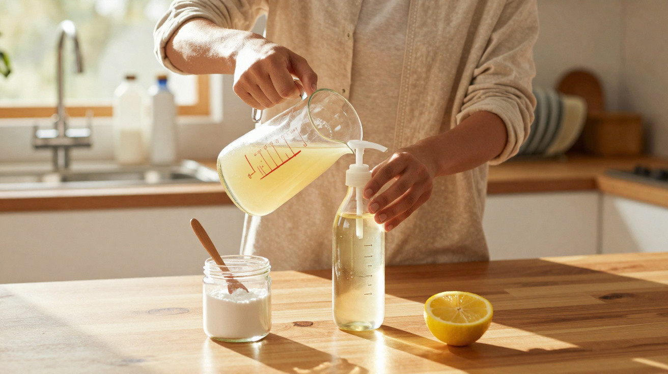 Pessoa a fazer detergente caseiro com limão, bicarbonato de sódio e um recipiente com dosador numa cozinha.