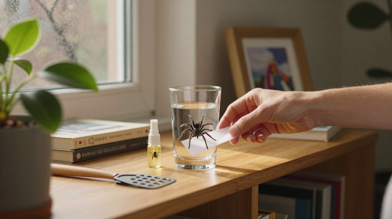 Mão a capturar uma aranha com papel junto a copo de água numa mesa de madeira com livros e planta.