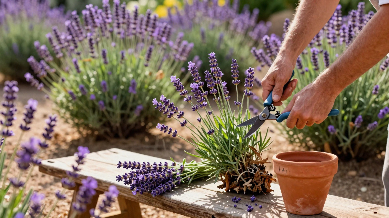 Pessoa a cortar raminhos de lavanda com tesoura de poda junto a um vaso de barro num jardim.