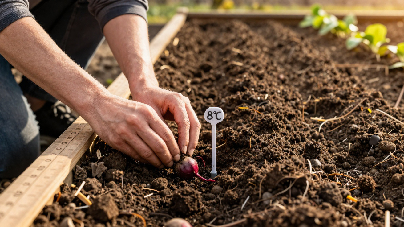 Mãos a plantar rabanetes num canteiro de terra, com marcador de temperatura a indicar 8ºC.