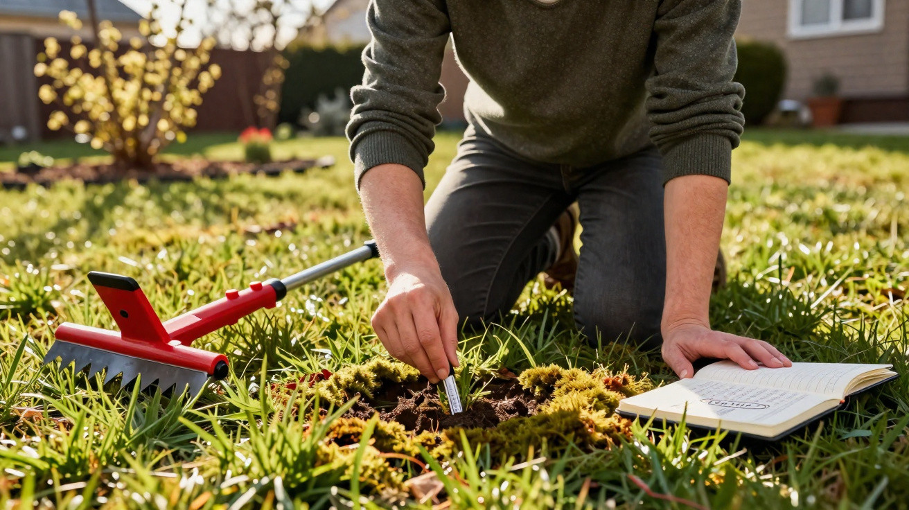 Pessoa a fazer medições no solo de um jardim com ferramenta e caderno aberto ao lado.