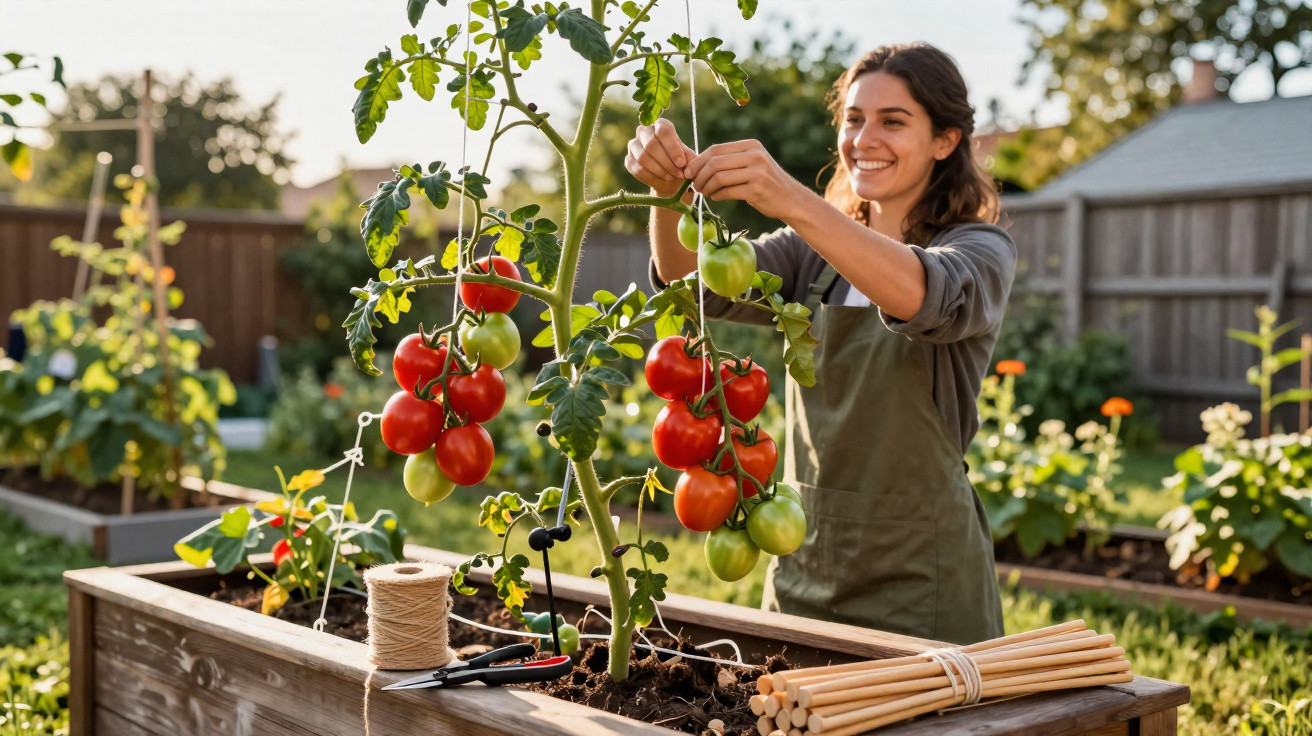 Mulher a cuidar de tomateiras com tomates maduros e verdes num jardim com canteiros elevados.
