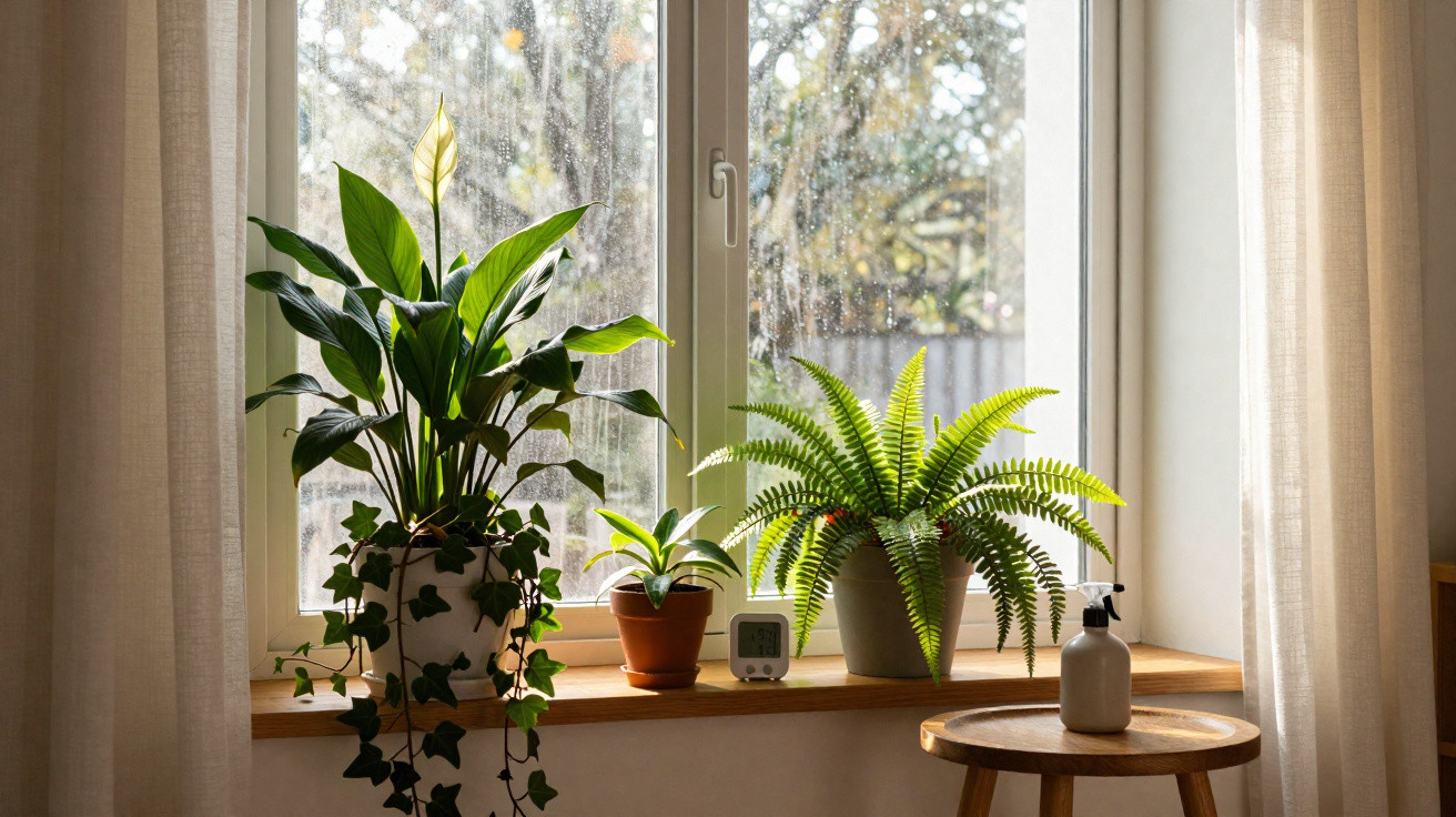 Três plantas em vasos junto a uma janela com cortinas brancas e luz natural suave.