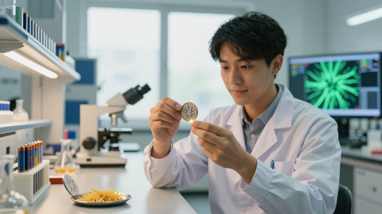 Cientista em laboratório a observar sinalética num disco com símbolos de cultivo vegetal.