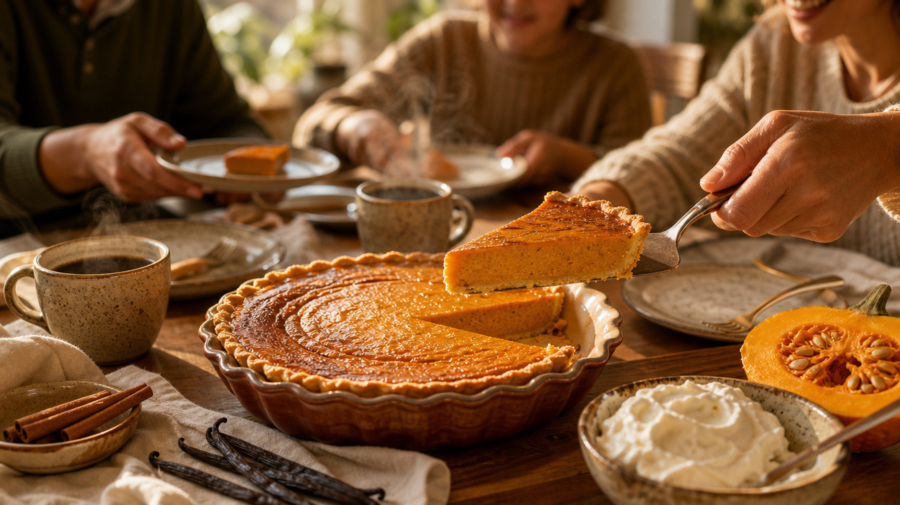 Pessoa a servir fatia de tarte de abóbora numa mesa com chá, natas e especiarias, típica de outono.