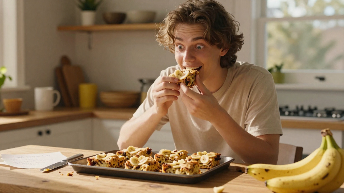 Jovem entusiasmado a comer fatias de pão de banana com chocolate numa cozinha luminosa.