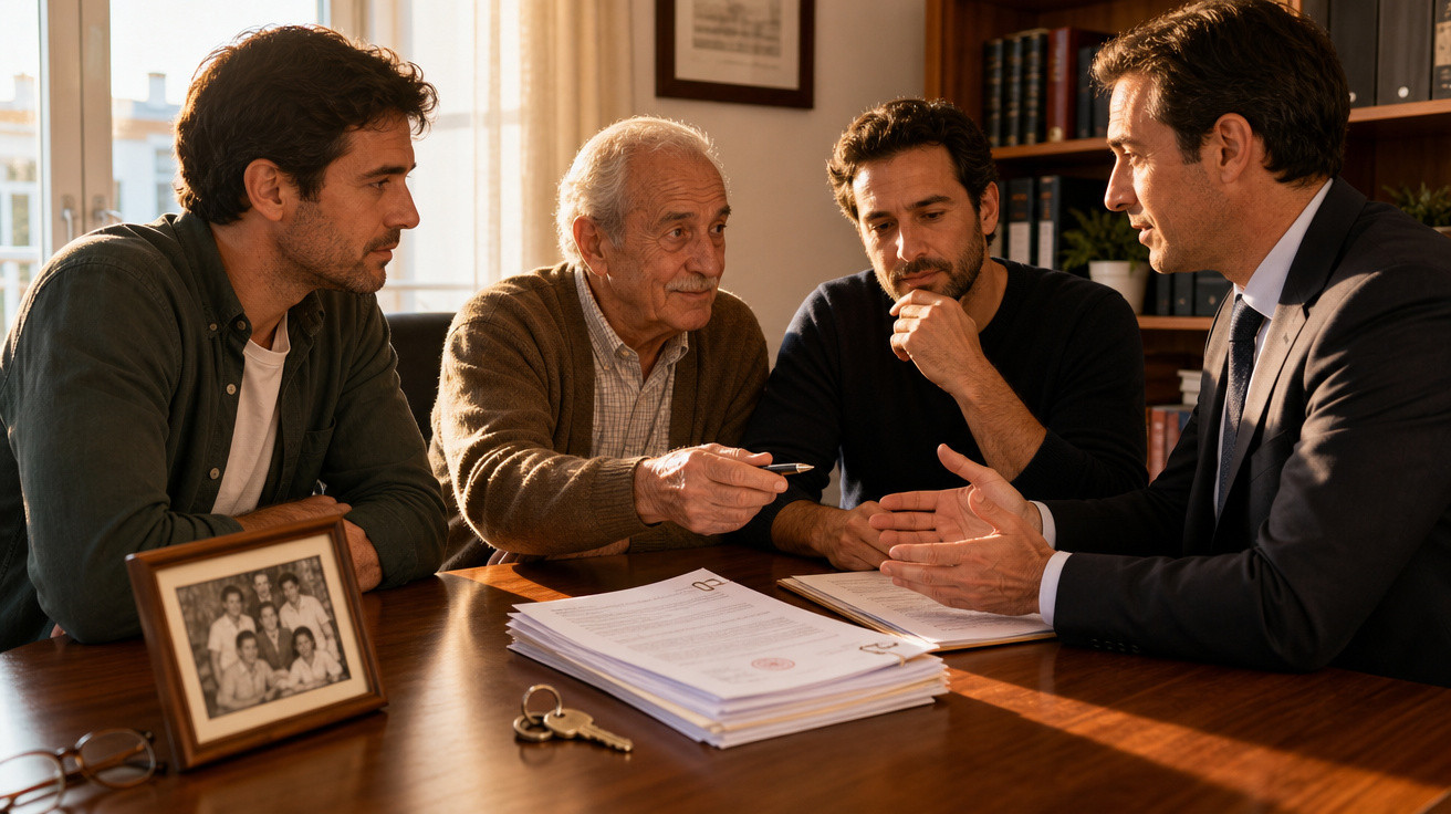 Quatro homens sentados à mesa a discutir documentos, com chave e fotografia familiar em destaque.
