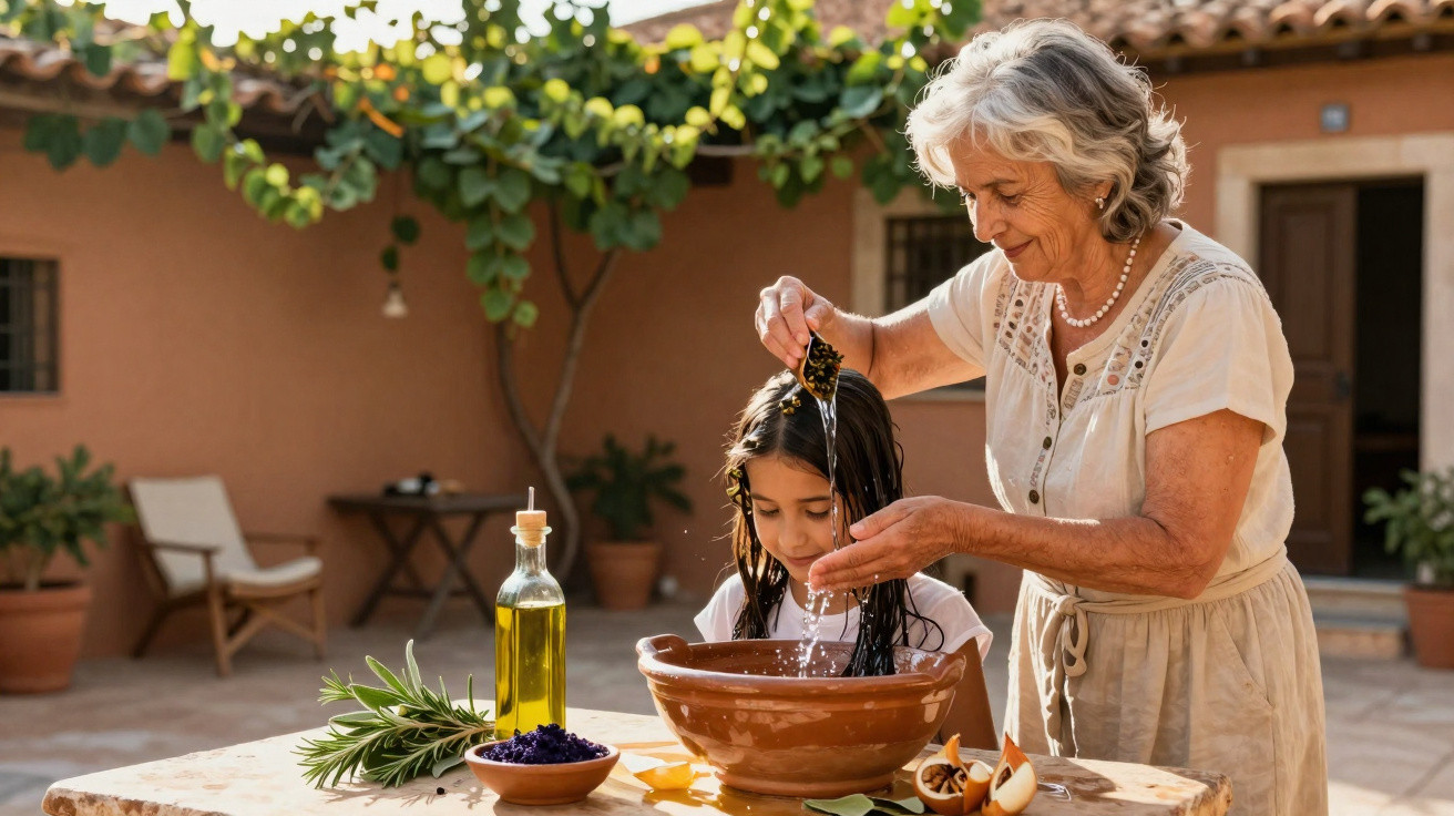 Senhora a lavar o cabelo de menina com óleo natural numa zona exterior ensolarada.