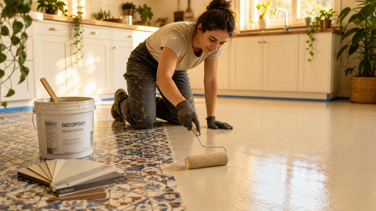 Mulher com luvas a aplicar resina num chão com padrão de azulejos numa cozinha iluminada.