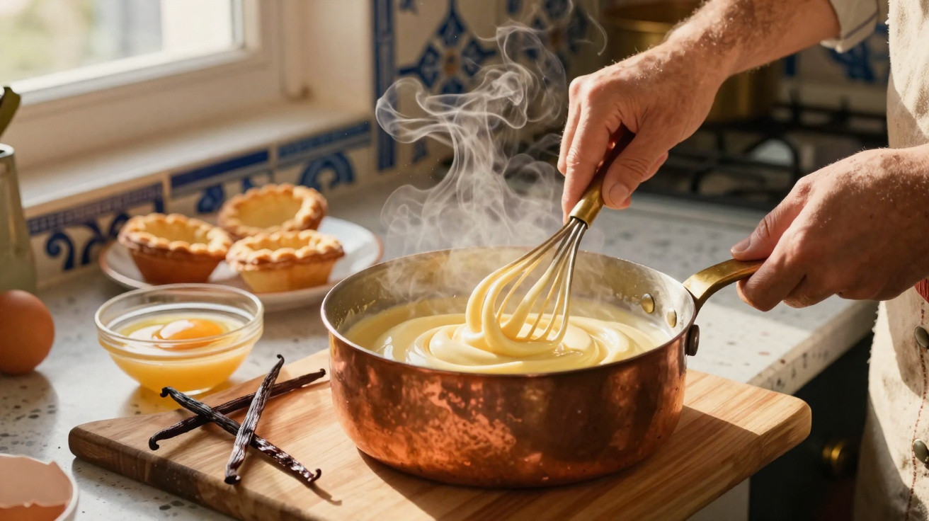 Pessoa a mexer creme quente numa panela de cobre numa cozinha com ingredientes para bolos.