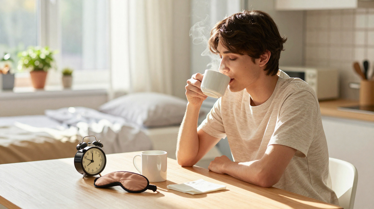 Homem a beber café numa cozinha iluminada, com alarme e máscara de dormir numa mesa de madeira.