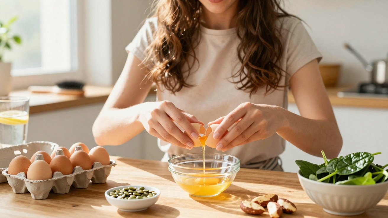 Mulher a partir ovos para uma tigela de vidro numa cozinha com alimentos saudáveis na mesa.