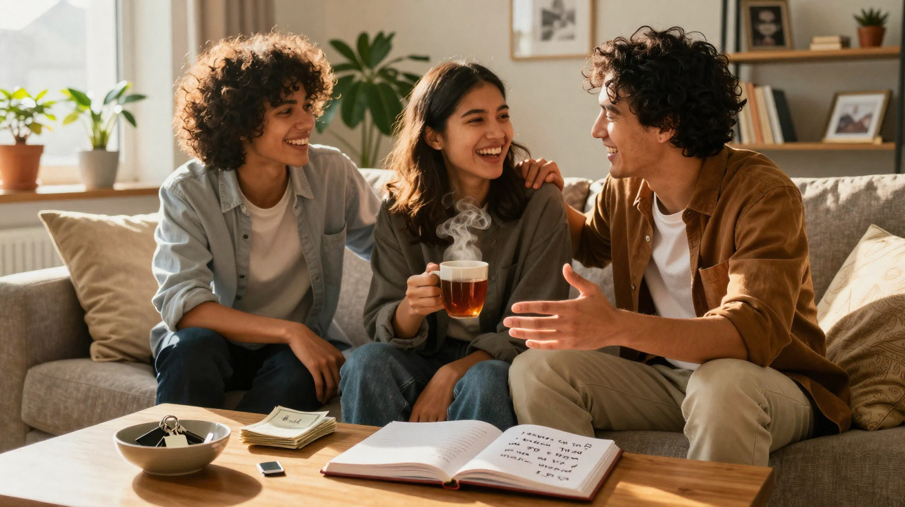Três jovens sentados no sofá a conversar, uma segura chá quente, à frente mesa com caderno aberto e dinheiro.