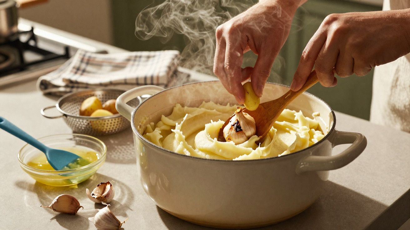 Mãos a misturar puré de batata fumegante com alho assado numa panela branca na cozinha.
