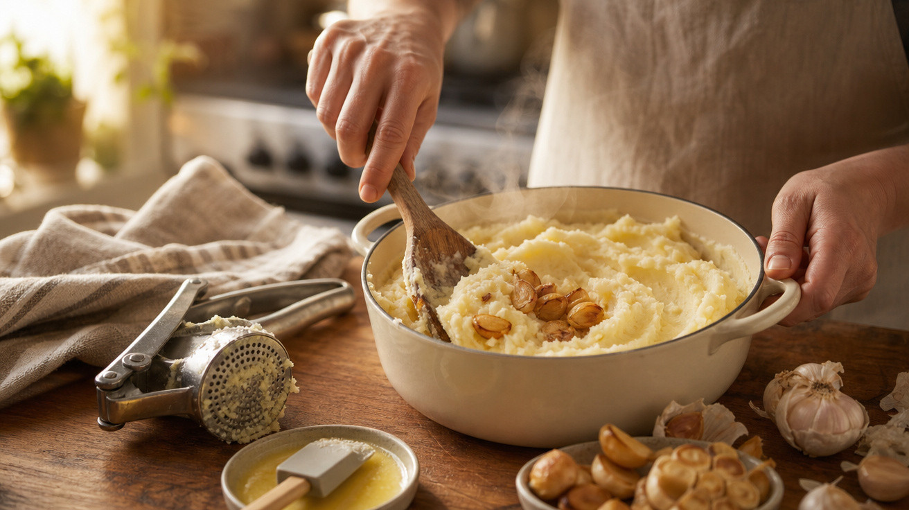 Pessoa mexe puré de batata com alho num tacho, com utensílios e ingredientes numa mesa de madeira.