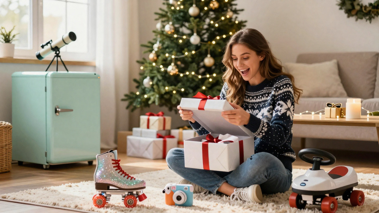 Mulher sorridente abre presente de Natal sentada no chão junto a árvore e brinquedos numa sala acolhedora.