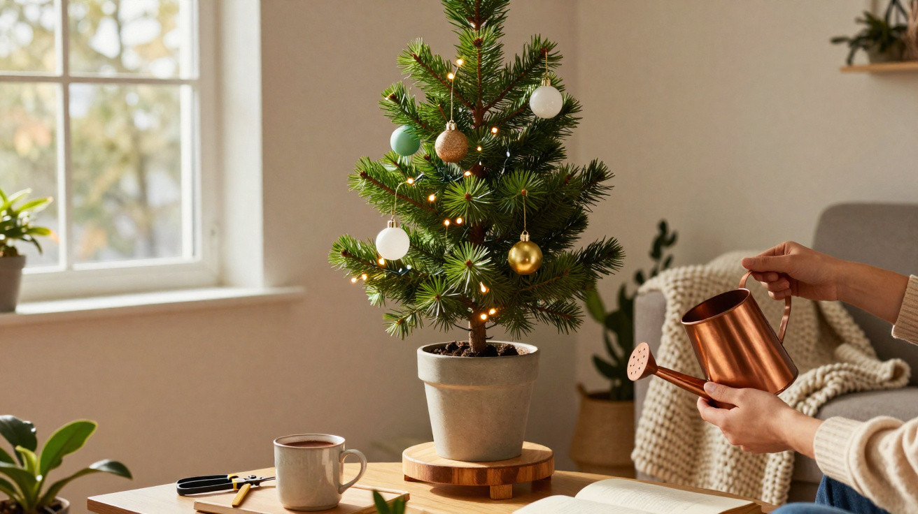 Pequena árvore de Natal em vaso decorada com bolas e luzes numa mesa junto a uma janela.