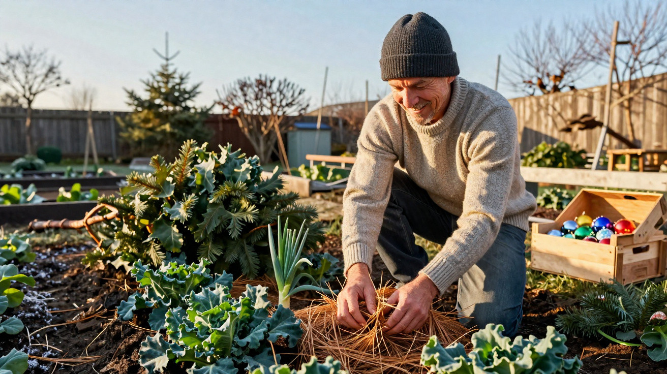 Homem a cuidar de plantas na horta, a colocar palha para proteger as folhas, num dia ensolarado de inverno.