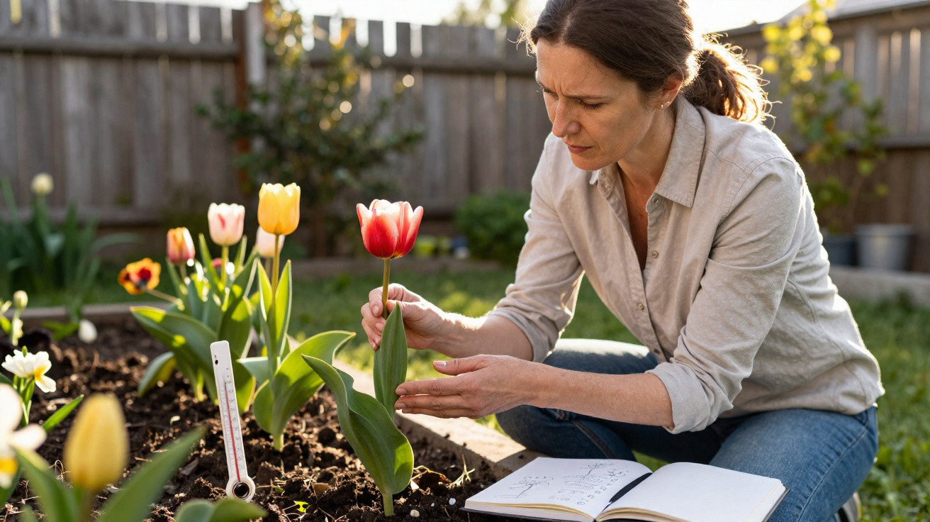 Mulher a cuidar de tulipas coloridas num jardim com caderno aberto no chão ao lado.