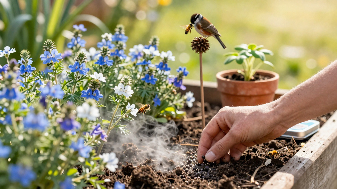 Mão a plantar sementes em terra com flores azuis e brancas, com abelhas e pássaro a colher pólen.