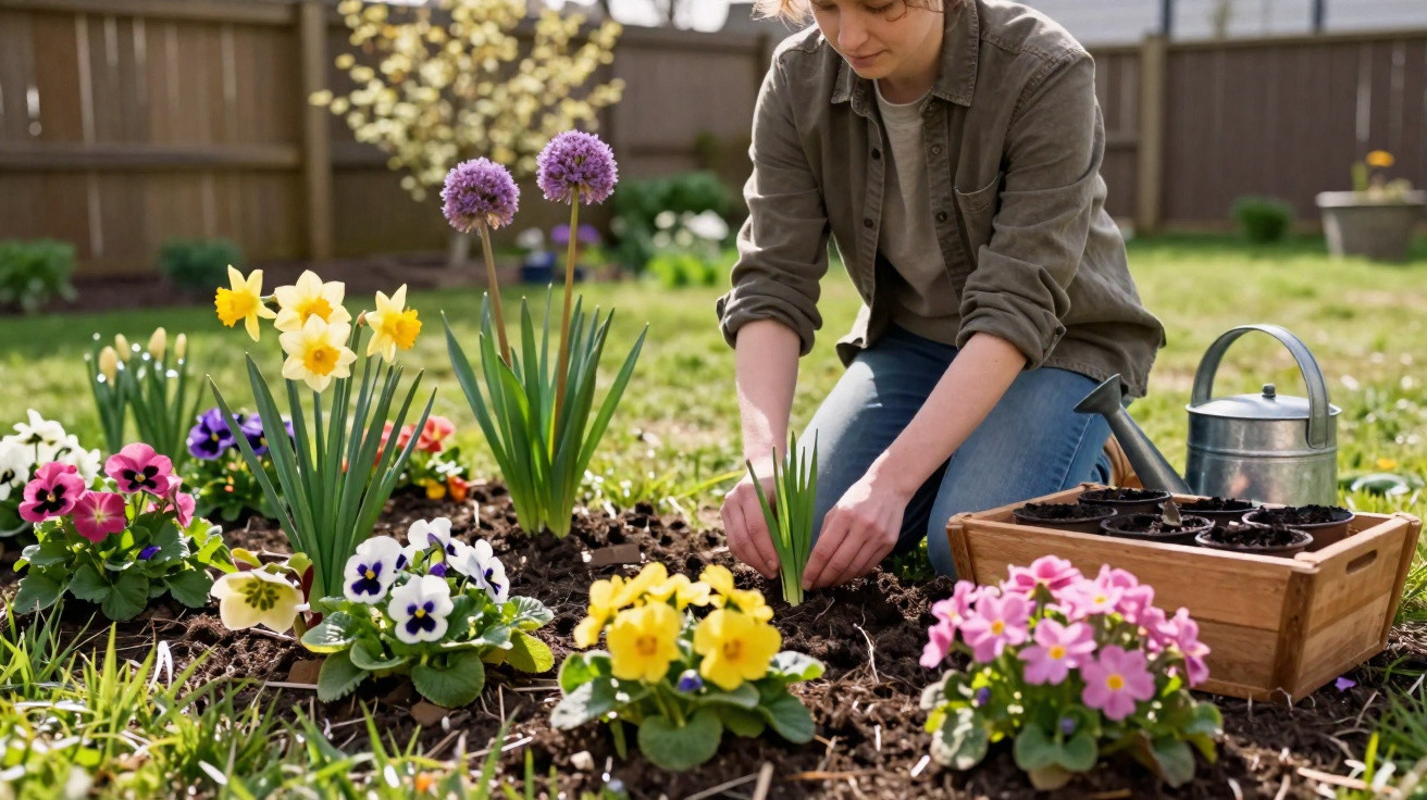 Pessoa a plantar flores num canteiro florido num jardim ensolarado com regador e caixa de terra.