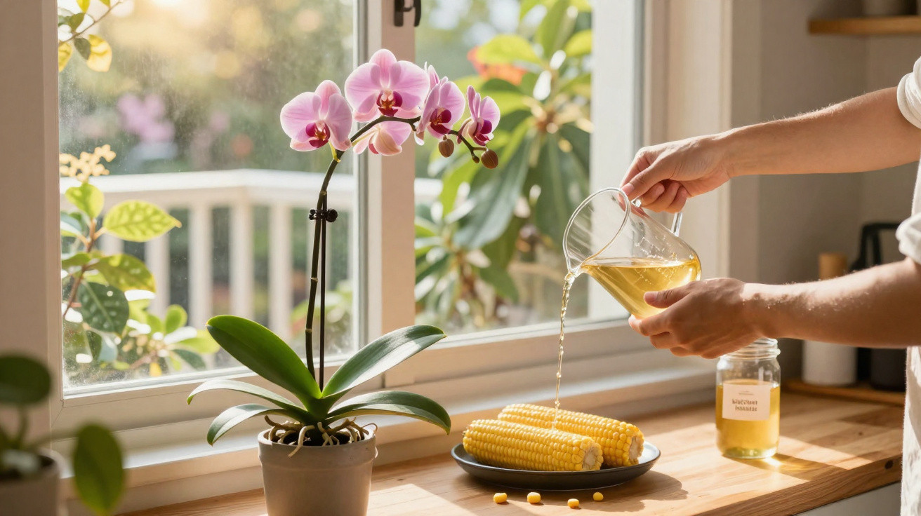 Pessoa a verter líquido numa bancada de cozinha junto a uma janela com orquídea e espigas de milho numa prato.