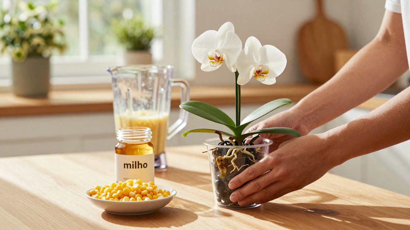 Mãos a segurar uma orquídea branca num vaso transparente numa mesa com prato de milho e jarro de sumo.