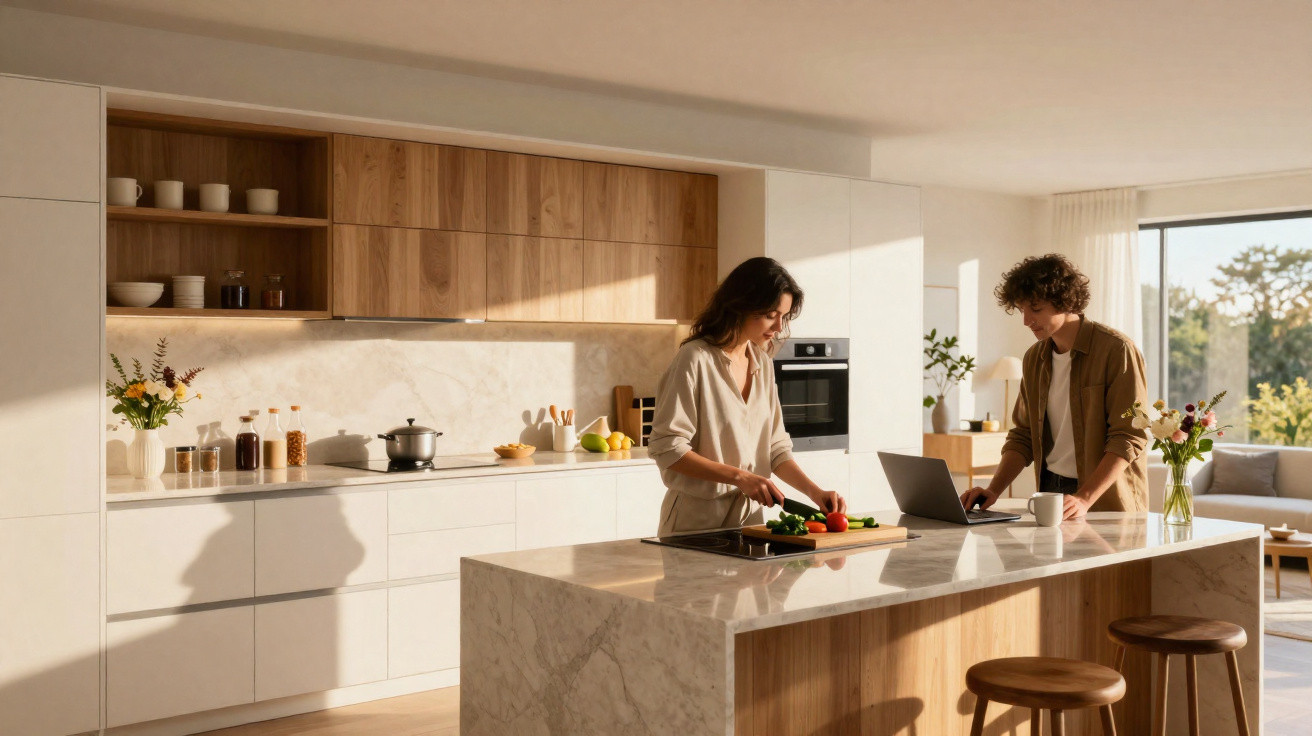 Cozinha moderna com ilha em mármore, duas pessoas a preparar comida e usar computador portátil.
