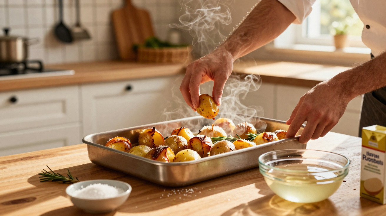 Mãos a temperar batatas novas fumegantes recém assadas numa tabuleiro metálico na cozinha.