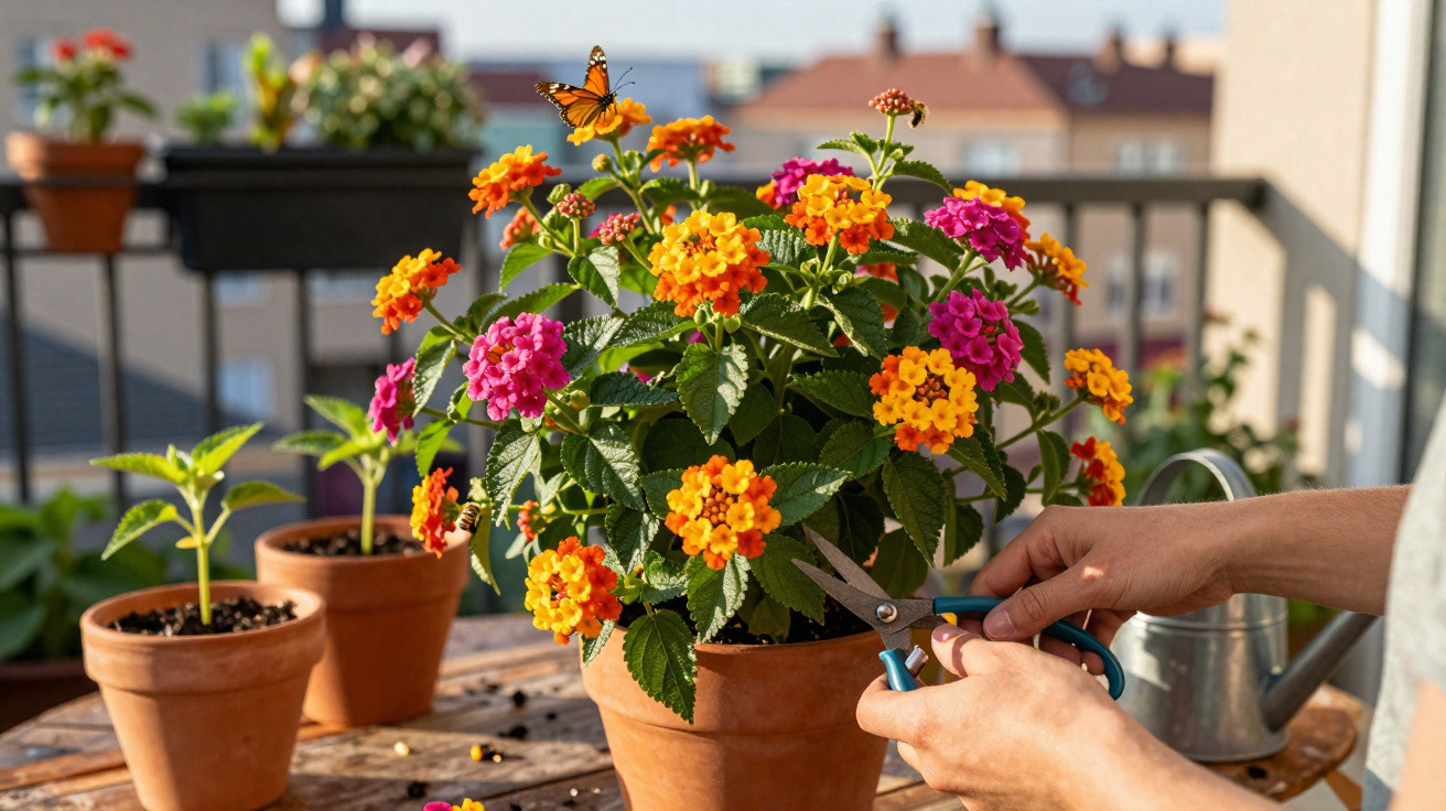 Mãos a podar flores laranjas e cor-de-rosa em vaso num terraço ensolarado com outras plantas e uma borboleta.
