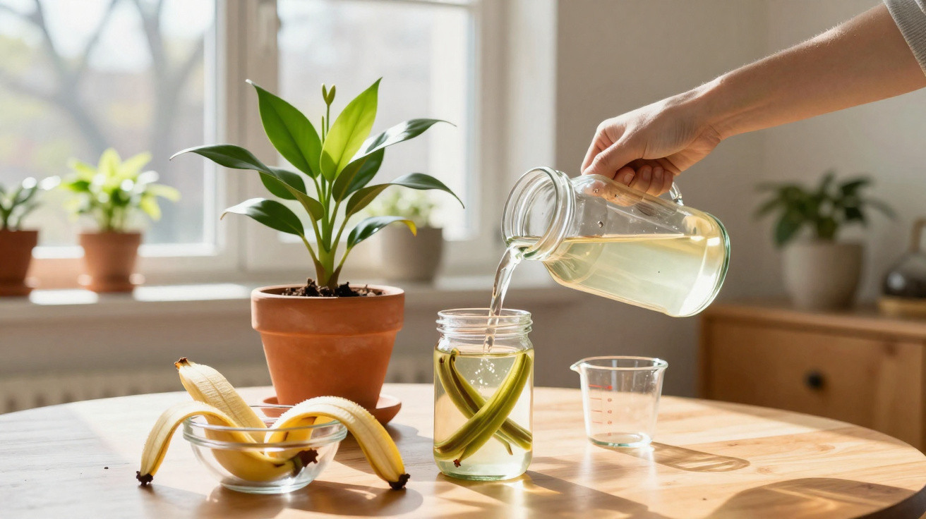 Pessoa a verter líquido num frasco com paus de canela, à frente de banana descascada e vaso com planta.