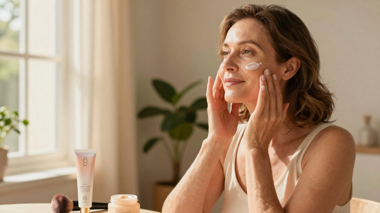 Mulher aplica creme hidratante no rosto numa divisão iluminada com produtos de beleza sobre a mesa.