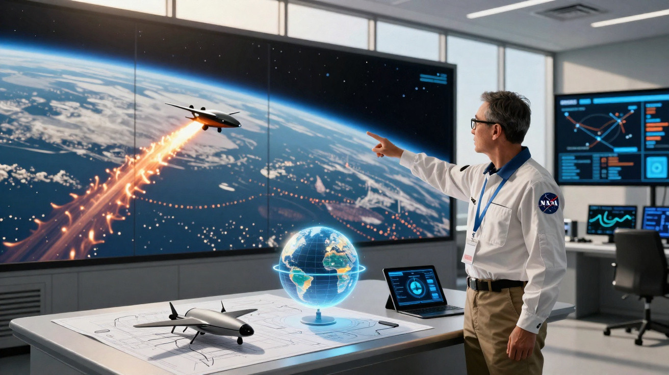 Homem na NASA aponta para ecrã com foguete e modelo digital de globo terrestre em sala de controlo espacial.