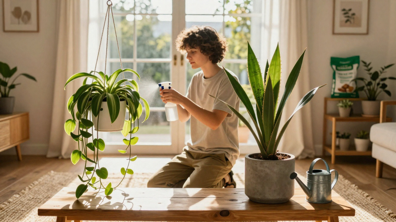 Pessoa a cuidar de plantas em sala iluminada, com regador e pulverizador, e plantas em suportes diversos.