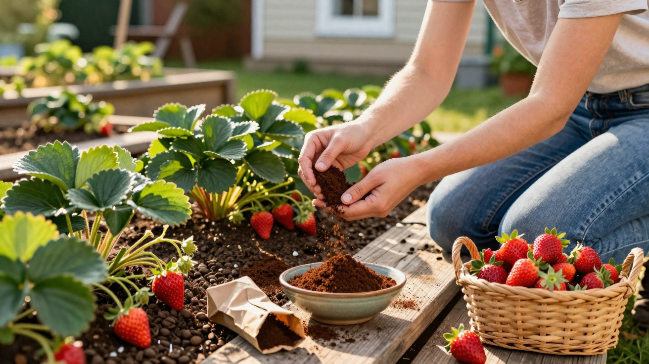 Pessoa a fertilizar plantas de morango num canteiro com morangos frescos e cesta cheia ao lado.
