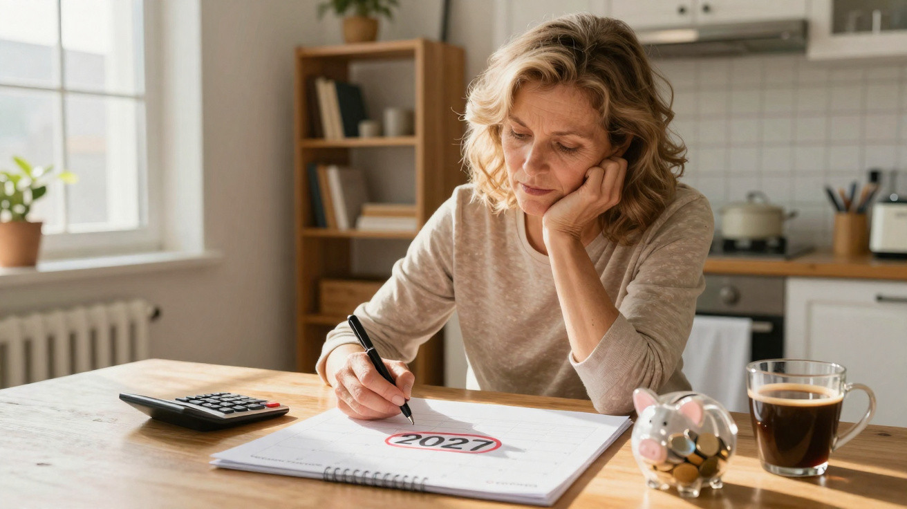 Mulher a planear finanças para 2027, sentada à mesa com caderno, calculadora, mealheiro e café.