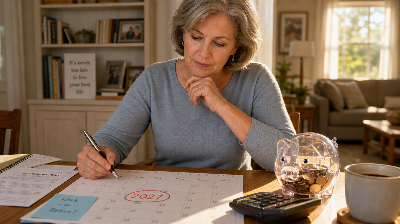 Mulher sénior a planear a reforma em 2027, com calendário, mealheiro, calculadora e café numa mesa.
