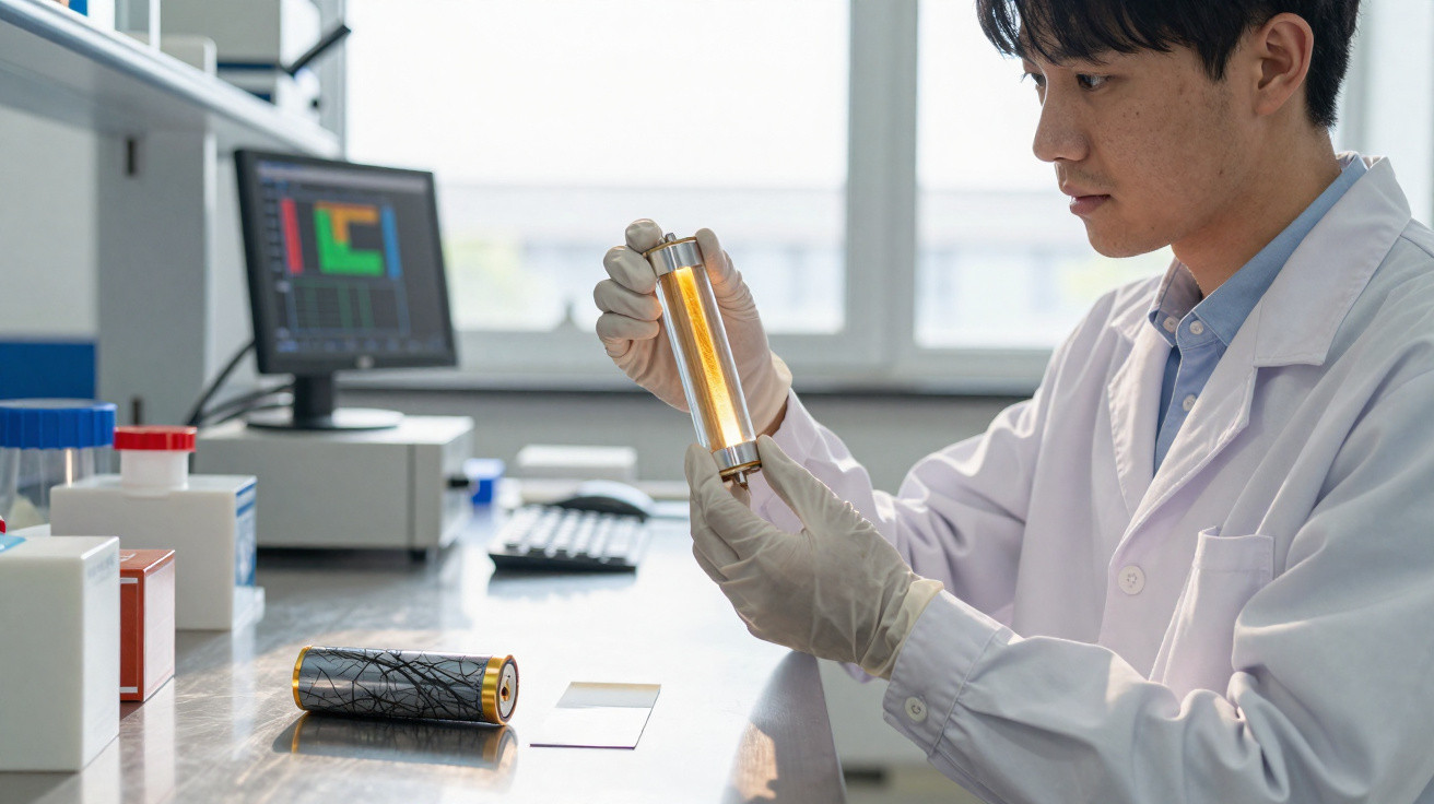 Cientista com bata e luvas a examinar uma célula cylindrical num laboratório moderno.