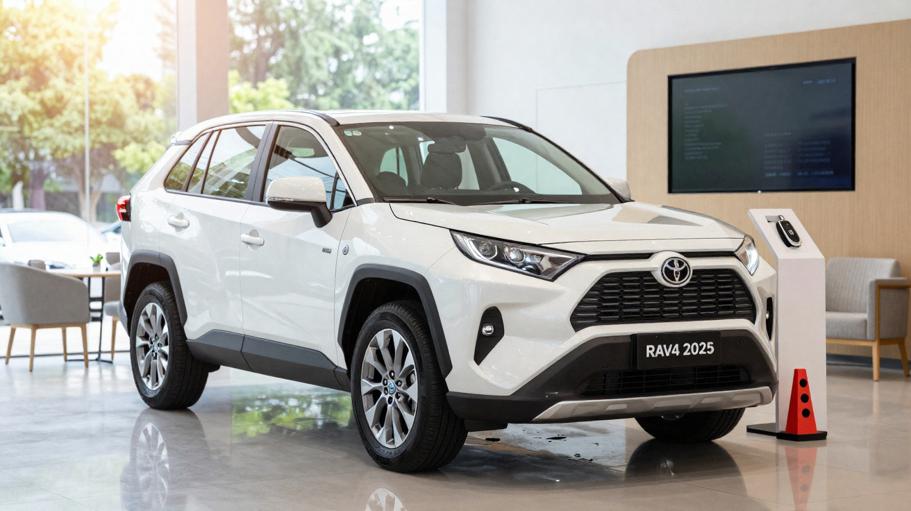 SUV Toyota RAV4 2025 branco em exposição numa sala de showroom moderna e iluminada.