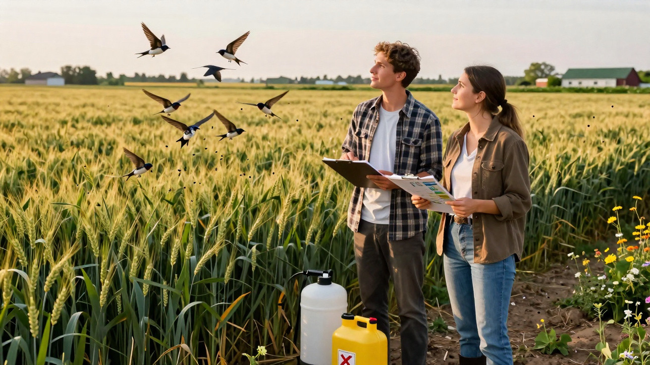 Dois jovens agricultores observam pássaros num campo verdejante com equipamentos agrícolas ao lado.