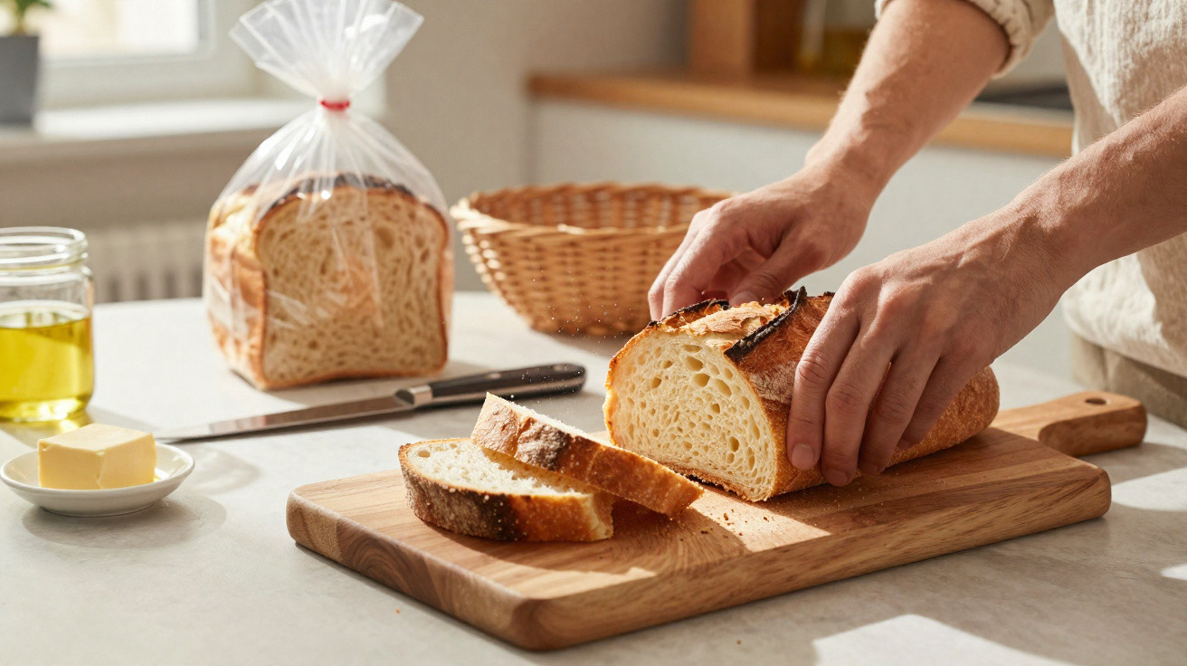 Mãos a cortar pão fresco numa tábua de madeira numa cozinha iluminada, com manteiga e azeite ao lado.