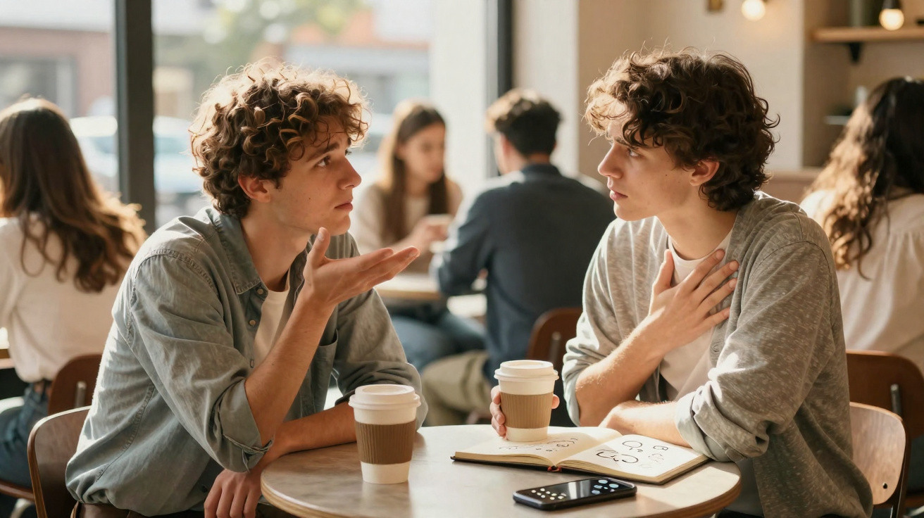 Dois jovens conversam numa cafetaria, cada um com um café numa mesa redonda com caderno e telemóvel.