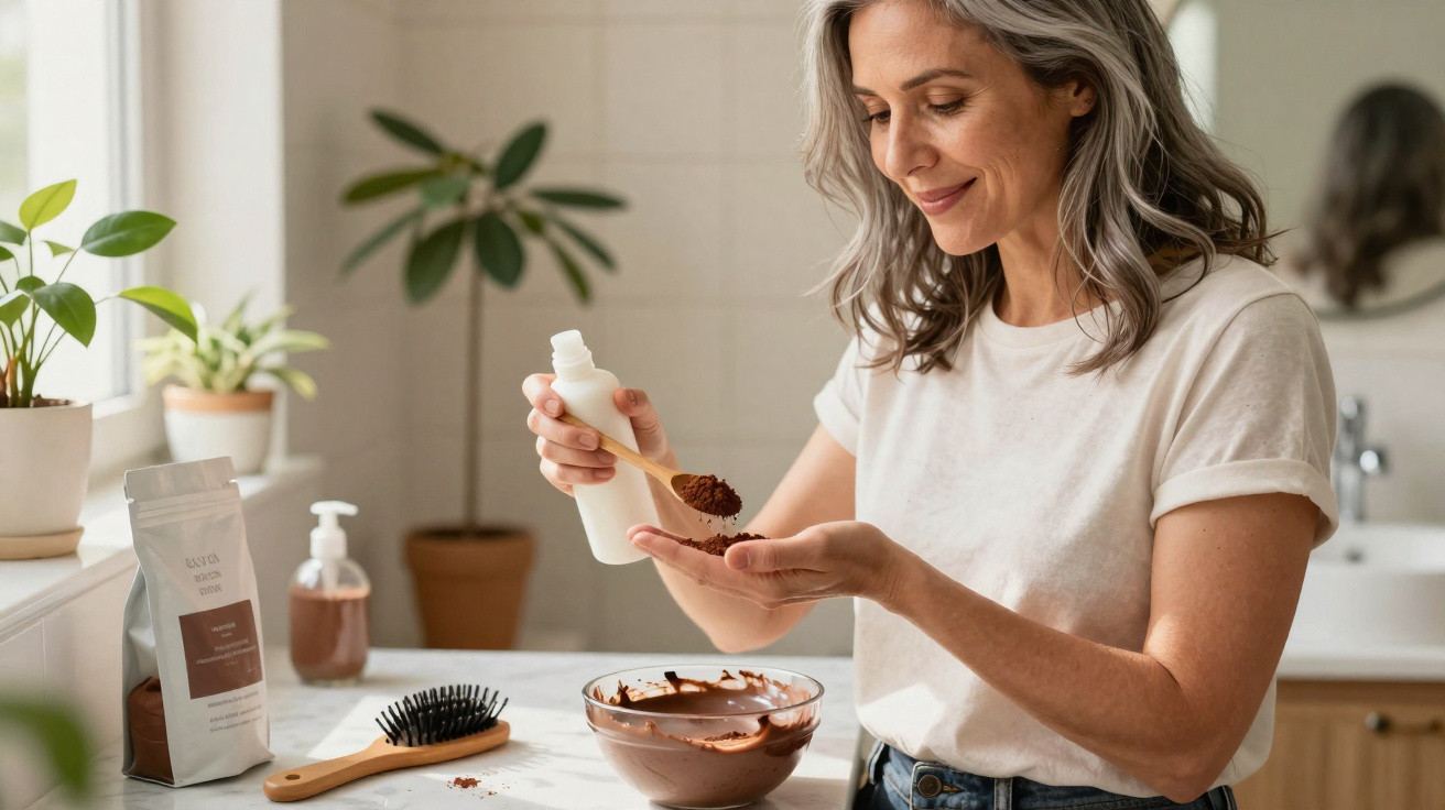 Mulher a preparar tratamento capilar com pó castanho e creme num espaço luminoso e com plantas.