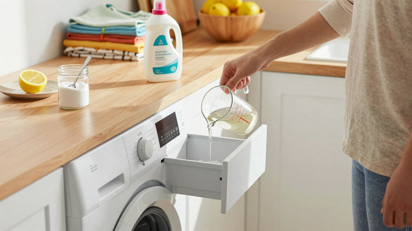 Pessoa a verter líquido no compartimento da máquina de lavar roupa numa cozinha clara.