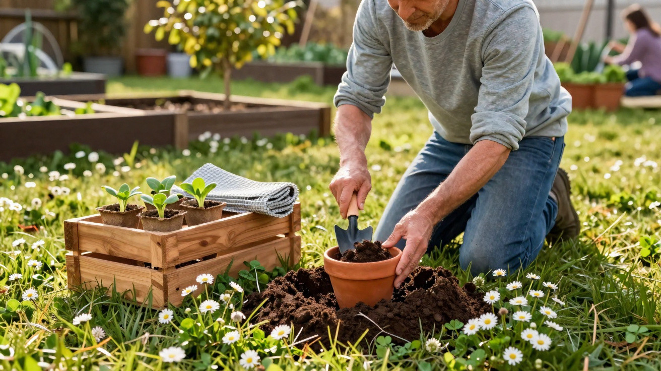 Homem a transplantar planta para vaso em jardim com flores e caixa de madeira com plantas.