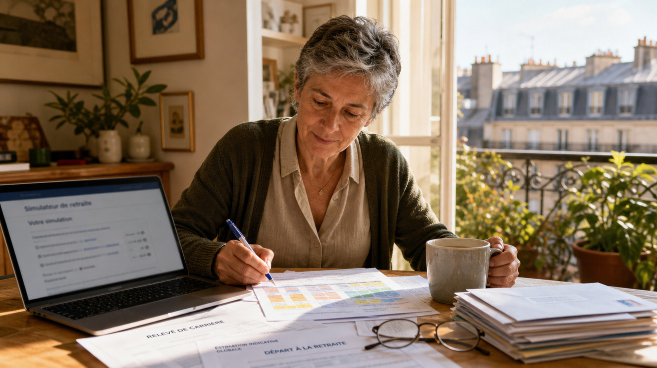 Mulher sénior a analisar documentos financeiros numa mesa com laptop, caneca e plantas junto à janela.