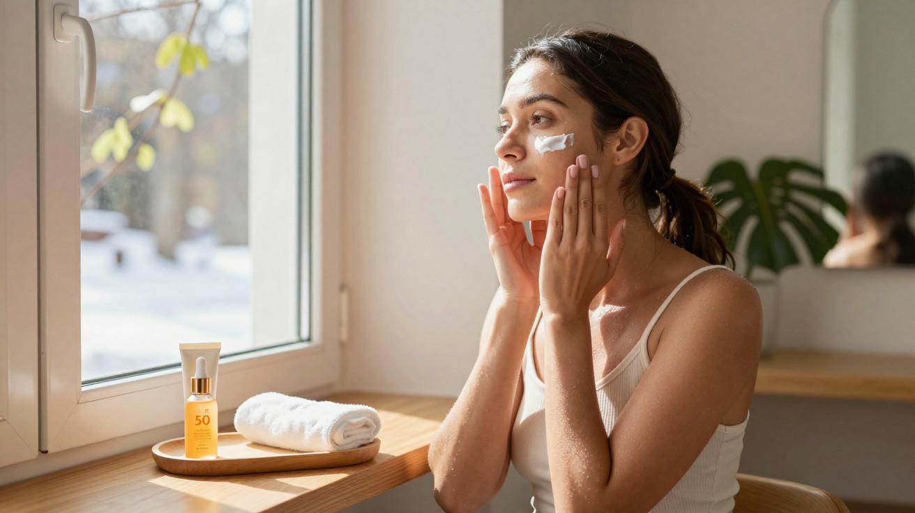 Mulher a aplicar creme hidratante no rosto junto a uma janela, com produtos de cuidado na mesa.