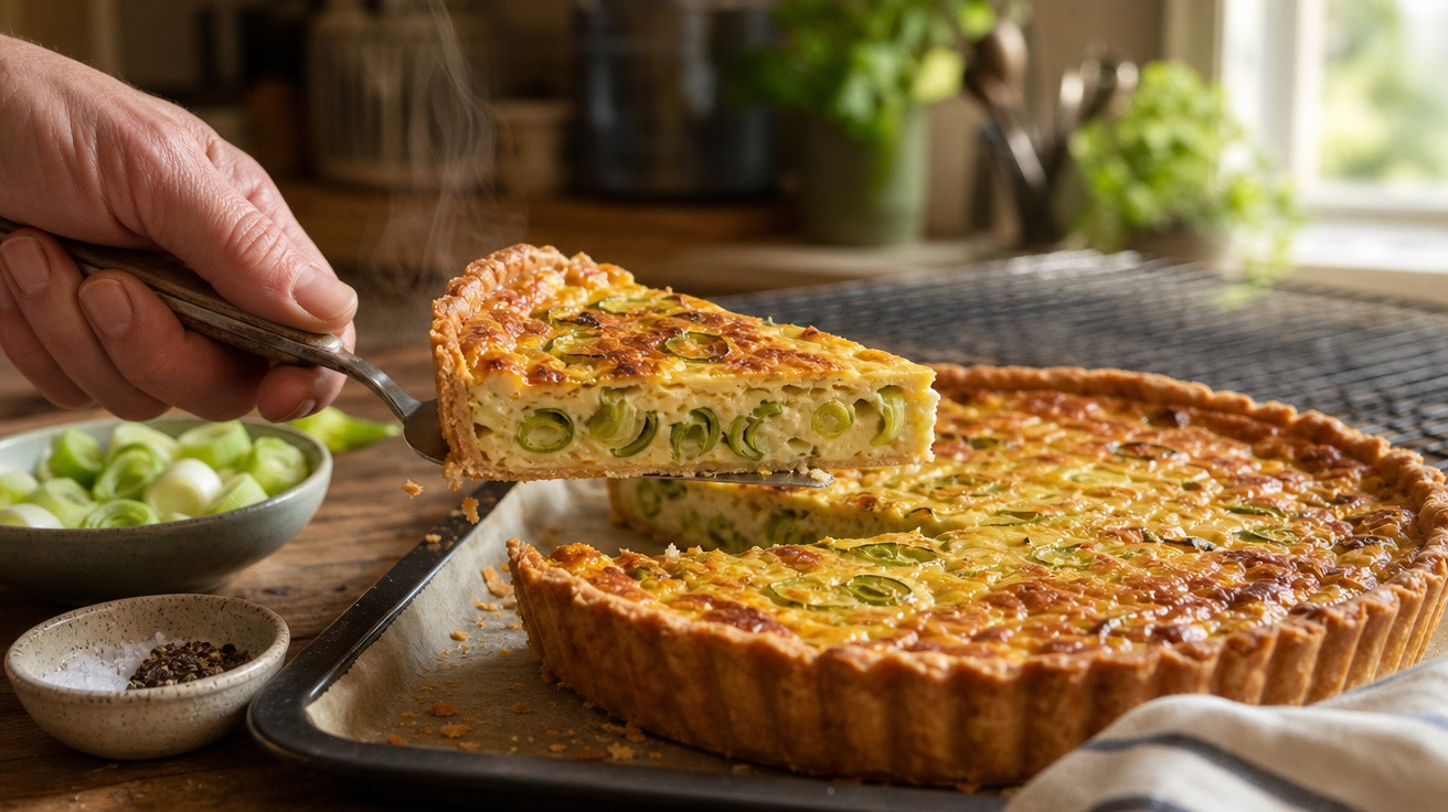 Pessoa a servir uma fatia de quiche de alho-francês fumegante num tabuleiro de forno.