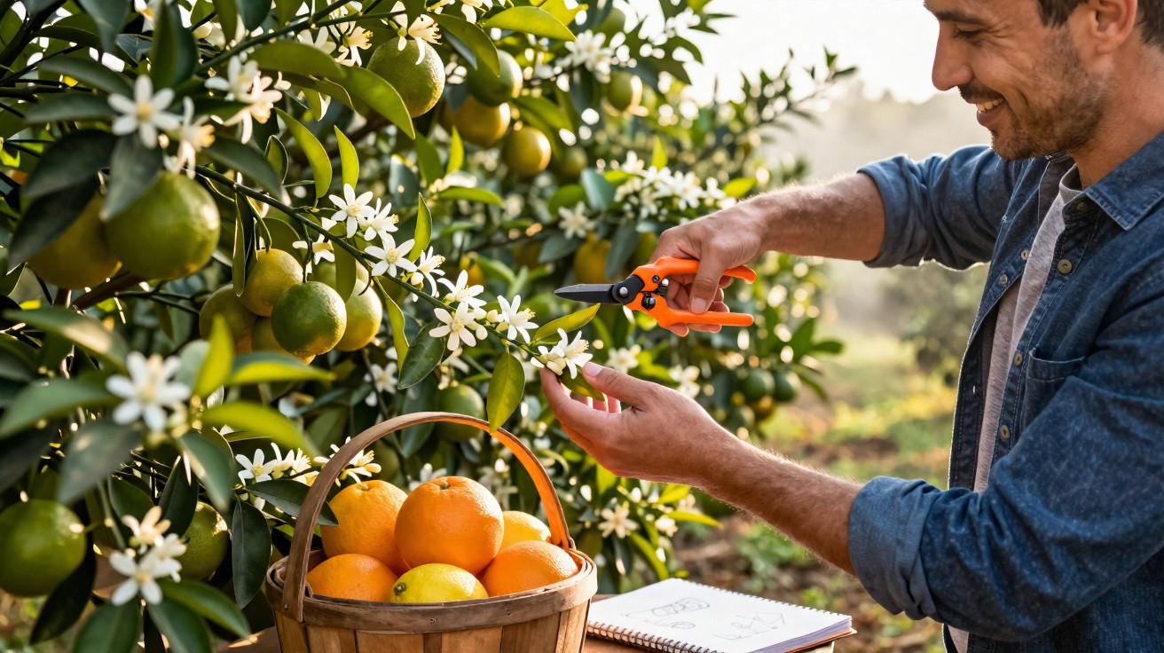 Homem a colher flores brancas de uma laranjeira com tesoura de poda em quintal com cesto de laranjas.